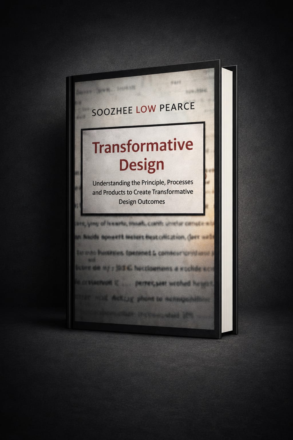 Transformative Design book standing upright, cover with radiant circular diagram